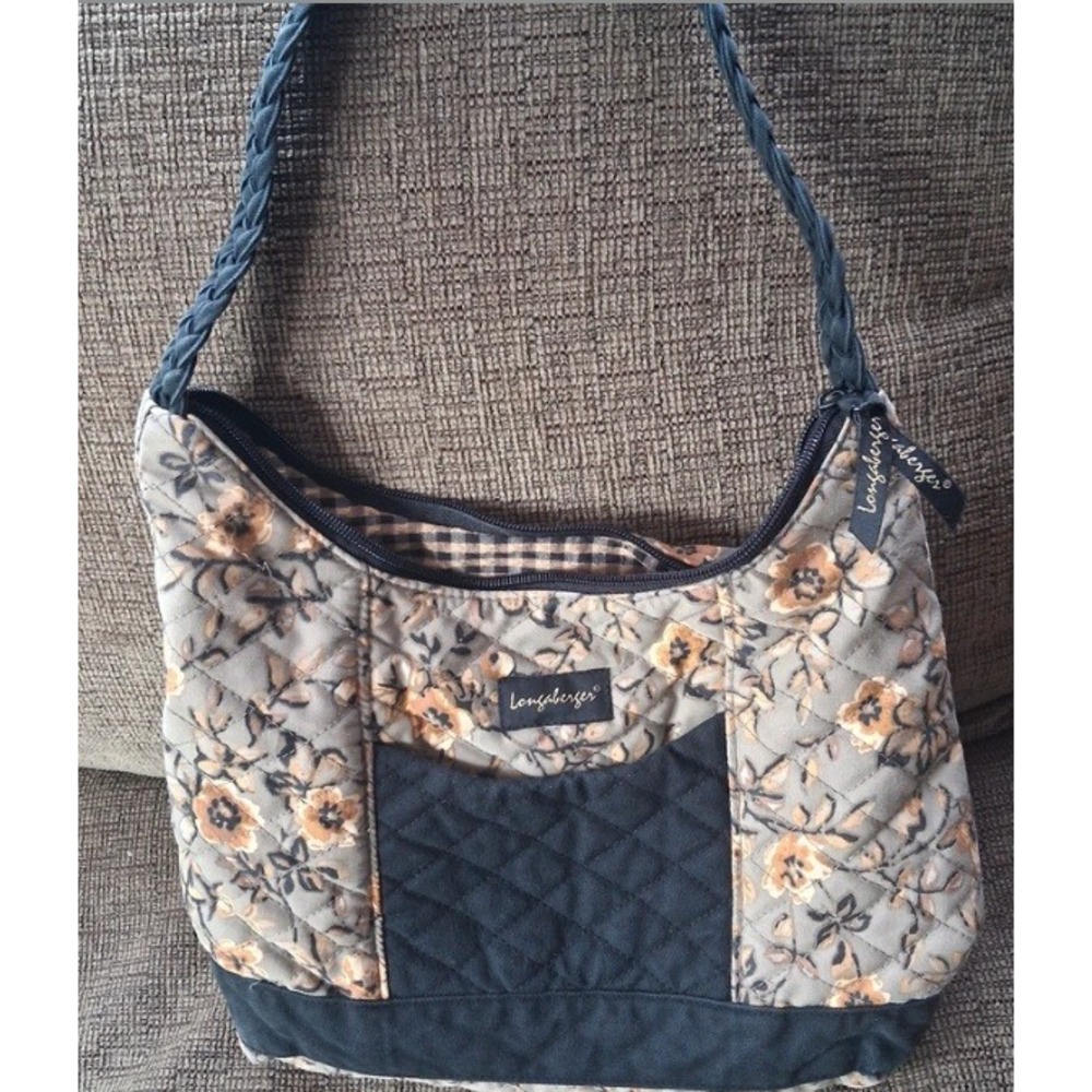 Longaberger Shoulder Bag Womens Medium Gray Floral Quilted Braided Strap